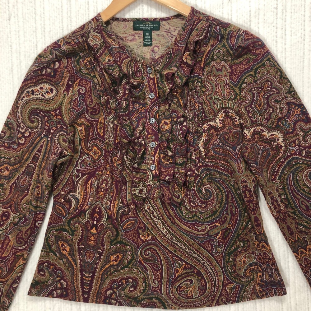 Lauren Ralph Lauren Paisley Ruffle Henley Top — Burgundy, Olive, Mustard